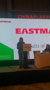 Tammy Trivette is kicking off the Eastman Chemical Company press conference at Adsale CHINAPLAS 2018 media day in Shanghai