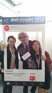 Marco Mastrosanti (publisher of Tecnoplast) with Stella and Mandy by Adsale CHINAPLAS organisation